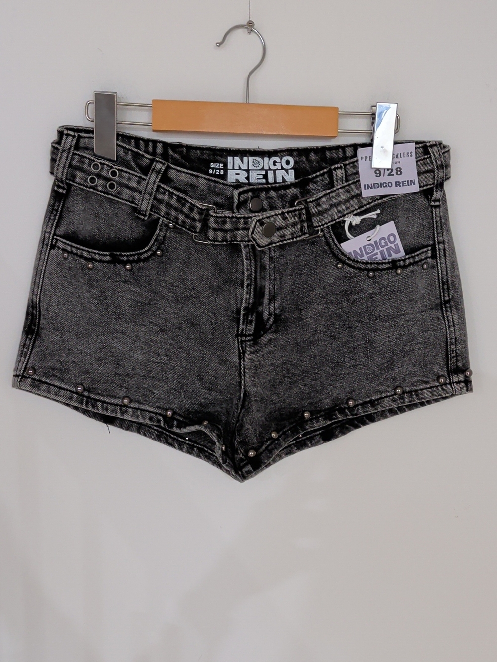 INDIGO REIN | Women's Faded Black Acid-Wash Studded Jean Shorts